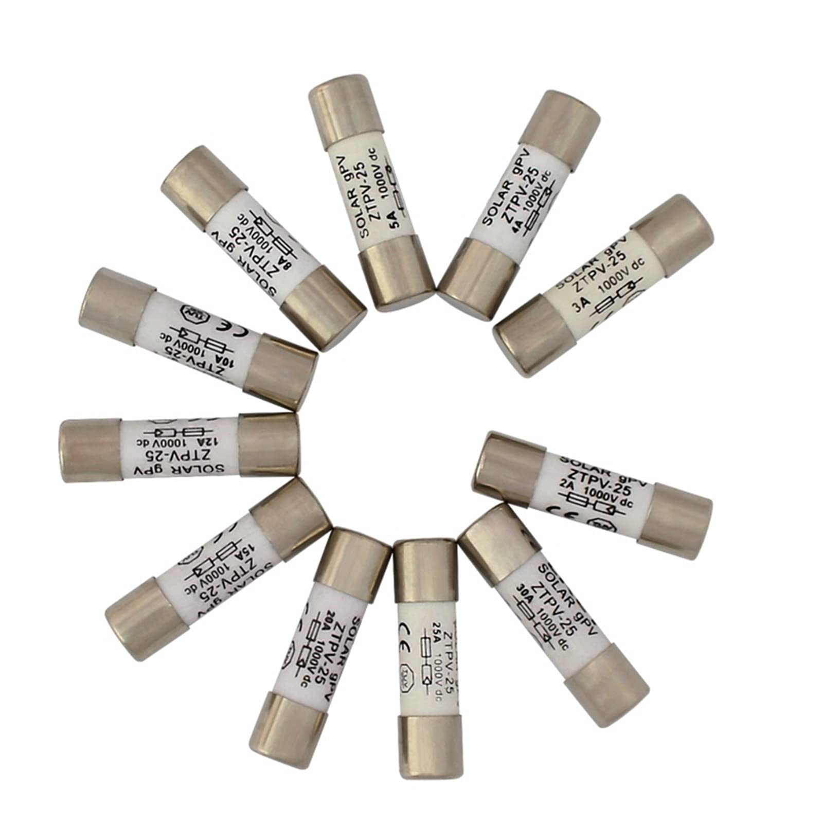 200 Stück PV-Solar Schmelzsicherung 12A 15A 20A 1000 VDC 10x38mm BX0234