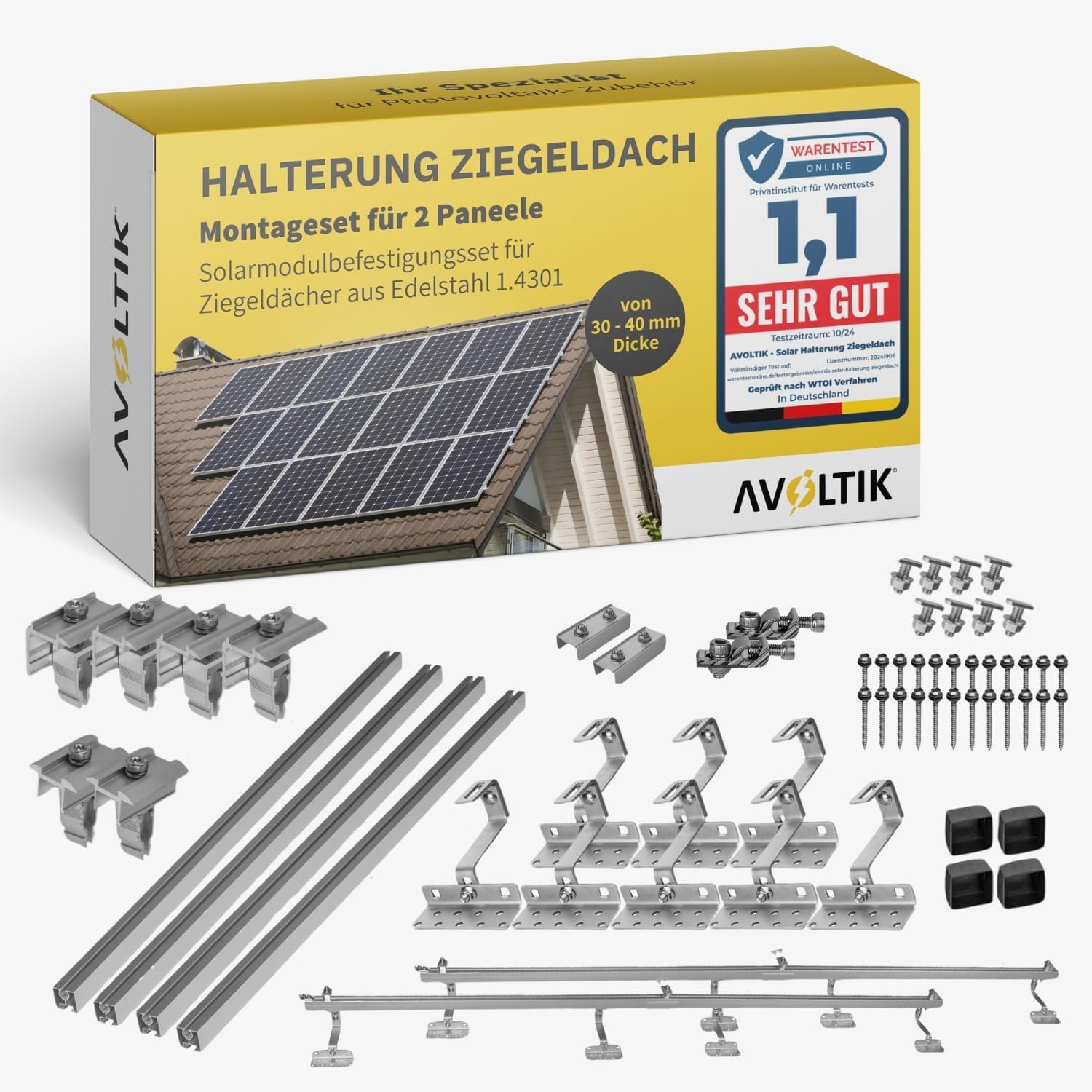 Solar Halterung Ziegeldach für 2 PV Module 30-40mm | Edelstahl 1.4301 Montageset Balkonkraftwerk