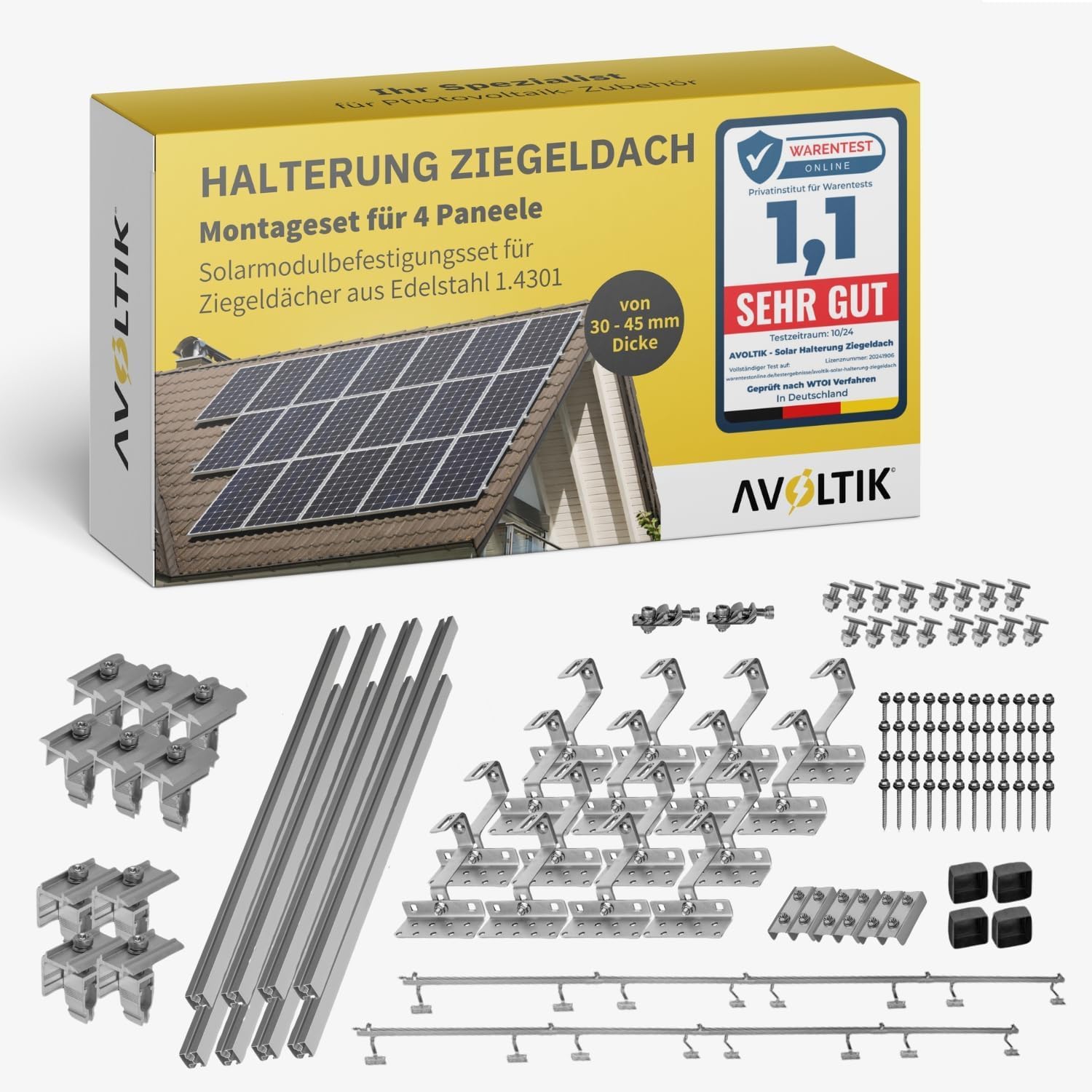 Solar Halterung Ziegeldach Set für 4 PV-Module 30-45mm Edelstahl 1.4301 Balkonkraftwerk