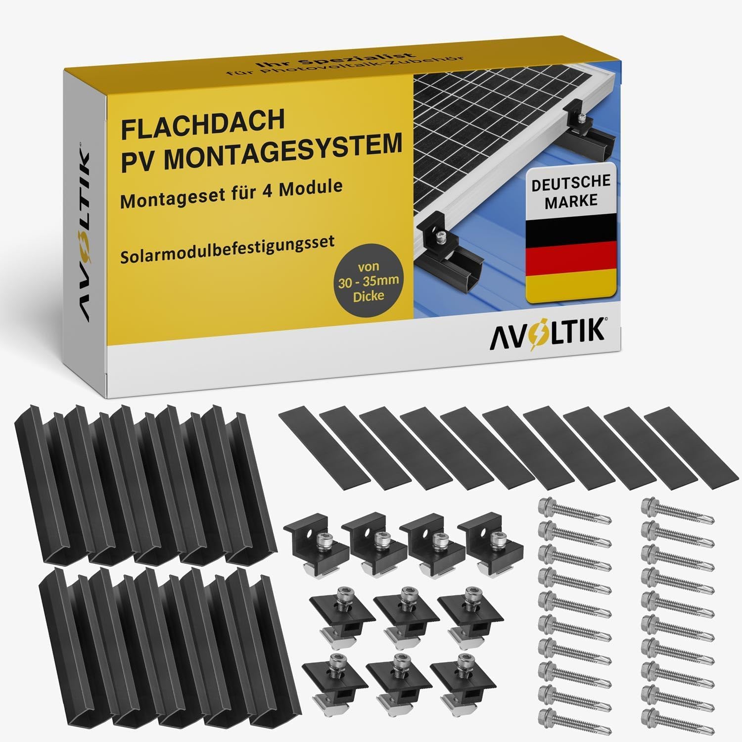 Solarpanel Halterung Flachdach | Set für 4 Panele | verstellbare Klemme 30-35mm Balkonkraftwerk