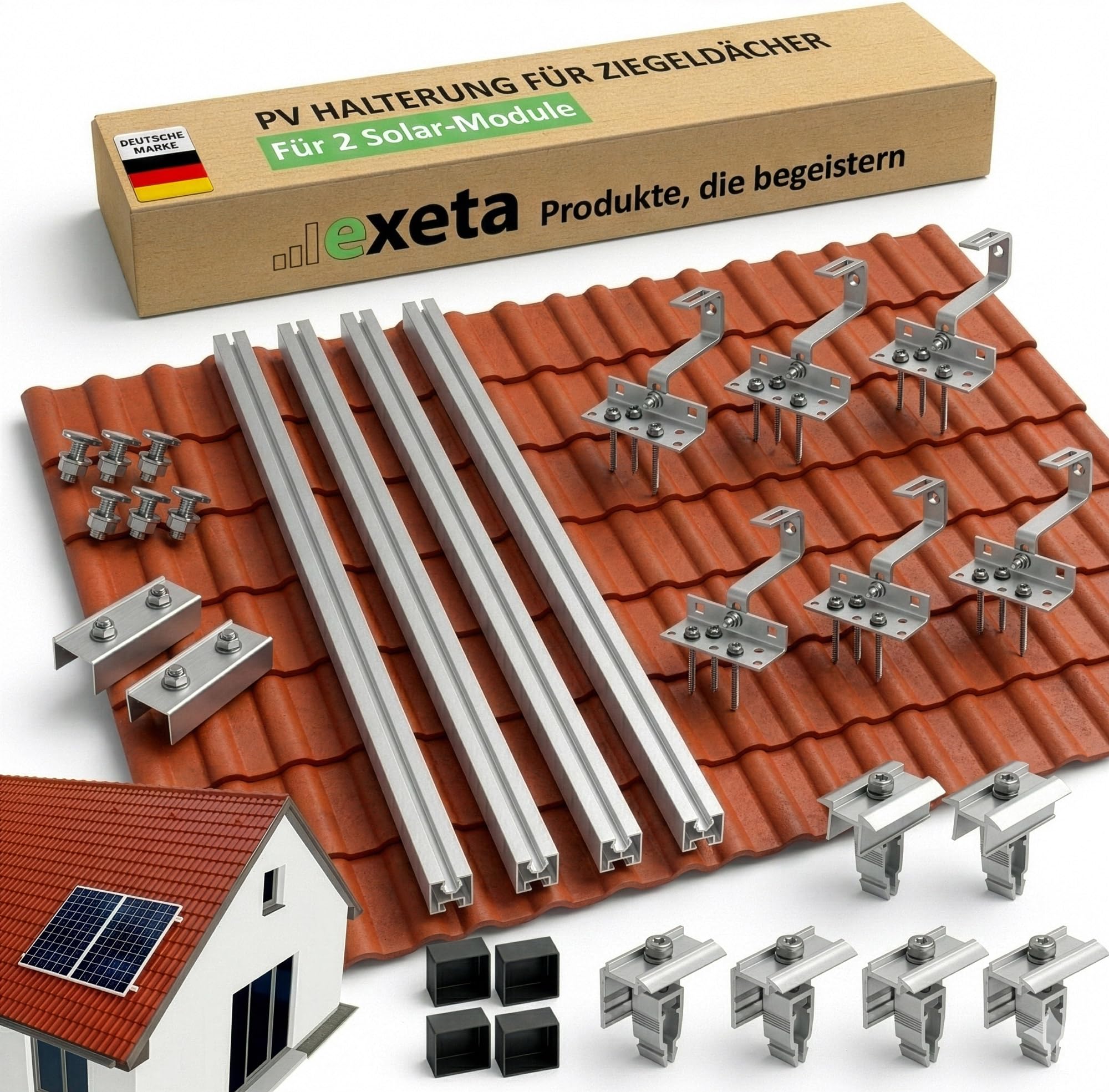 Solar Halterung Ziegeldach für 2 PV Module 30-40mm | Edelstahl 1.4301 Set Balkonkraftwerk