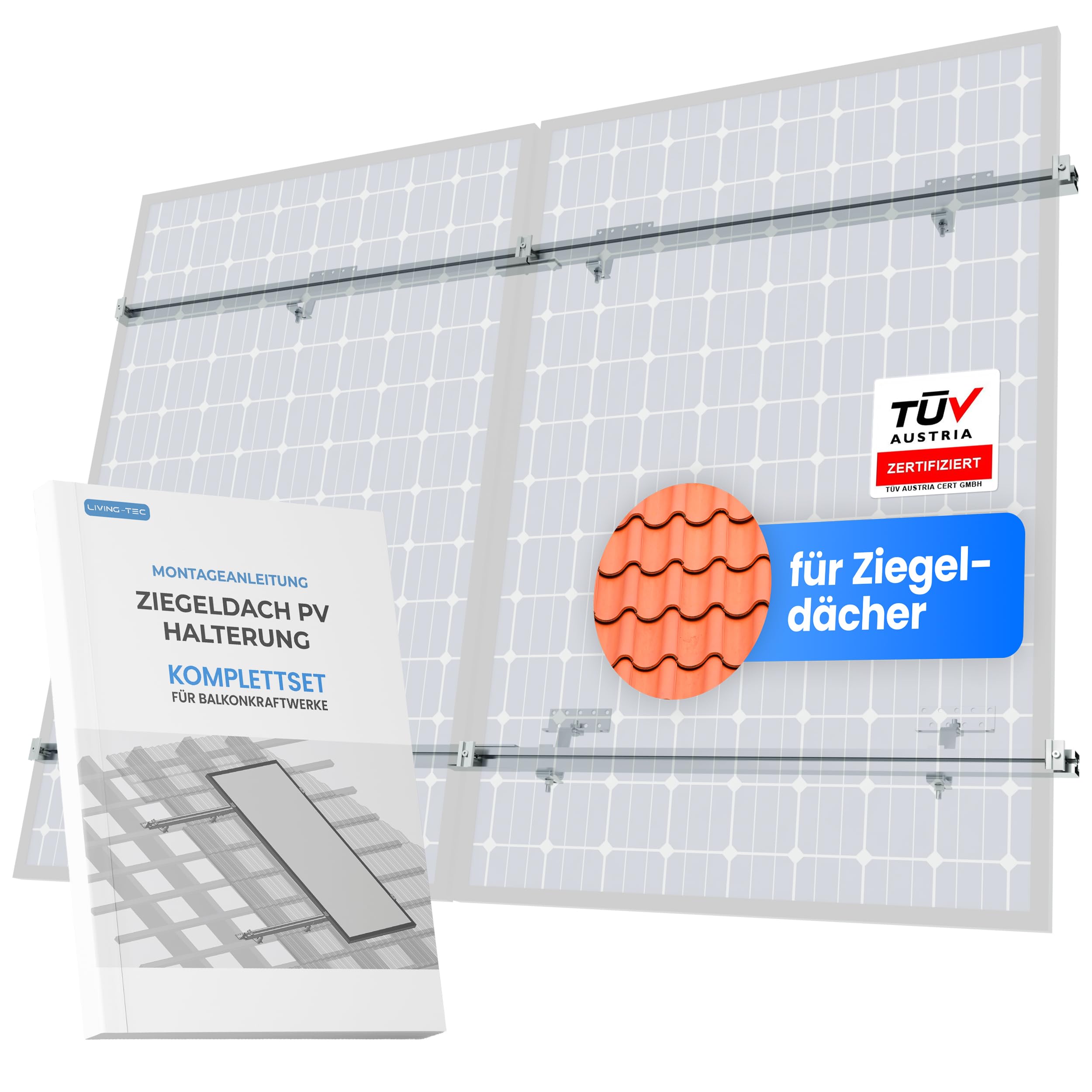 LIVING TEC® Solar Halterung Ziegeldach für 2 Solarmodule 30-35mm – TÜV geprüft für Balkonkraftwerk