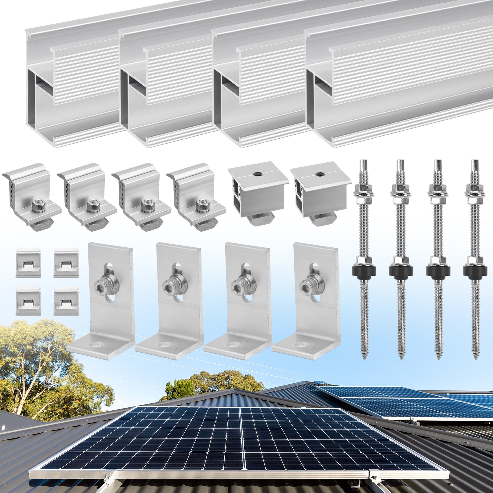 Solarmodul Halterung Set für Farbige Stahlziegeldächer & Blechdächer - 200mm Alu Verstellbar für 2 Module 30-45mm Dicke